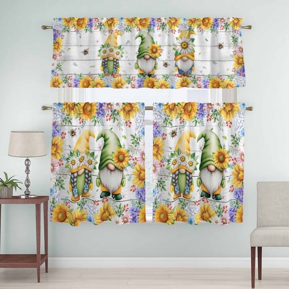 Kitchen Window Curtains Valance and Tier Set, Spring Flowers Gnomes Rod Pocket Tier Curtain Valance Set, Dwarfs Floral on Wood Board Light Filtering Cafe Curtains for Bedroom Living Room