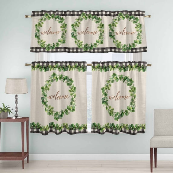 Kitchen Window Curtains Valance and Tier Set, Spring Green Yugal Leaves on Linen Rod Pocket Tier Curtain Valance Set, Vintage Black White Plaid Light Filtering Cafe Curtains for Bedroom Living Room