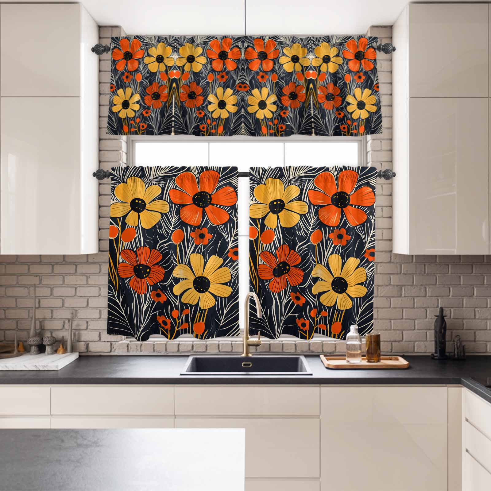 Kitchen Window Curtains Valance and Tier Set, Spring Orange Yellow ...