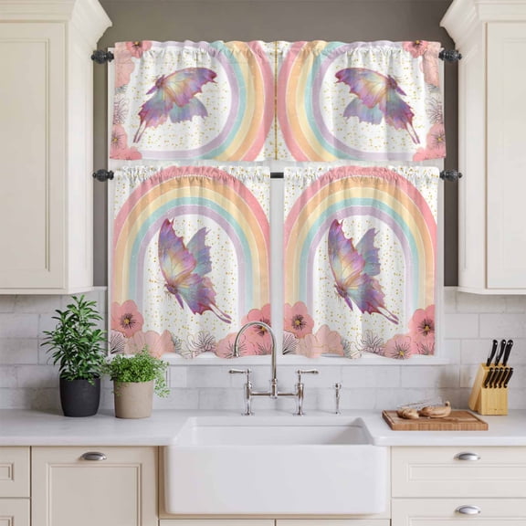 Kitchen Window Curtains Valance and Tier Set, Spring Pink Flower Butterfly Rod Pocket Tier Curtains and Valance 3 Piece Set, Blossom Floral Rainbow Stripe Window Treatment for Bedroom Living Room