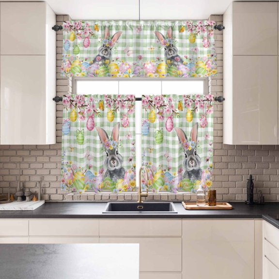 Kitchen Window Curtains Valance and Tier Set, Spring Rabbit Easter Egg Rod Pocket Tier Curtains and Valance 3 Piece Set, Pastoral Flower Butterfly Green Check Window Treatment for Bedroom