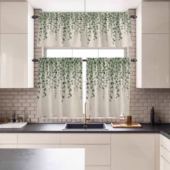 Kitchen Window Curtains Valance and Tier Set, Spring Watercolor Eucalyptus Leaves Rod Pocket Tier Curtains and Valance 3 Piece Set, Leaves on Linen Window Treatment for Bedroom Living Room