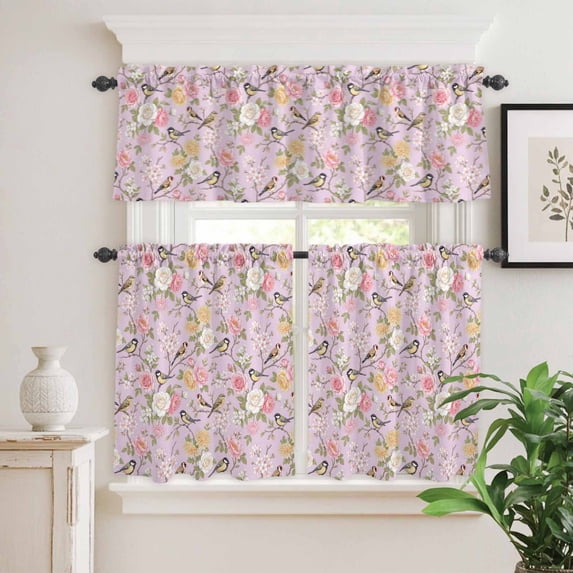 Kitchen Window Curtains Valance and Tier Set, Spring White Pink Mountain Tea Flowers Rod Pocket Tier Curtain Valance Set, Birds Floral Art Light Filtering Cafe Curtains for Bedroom Living Room