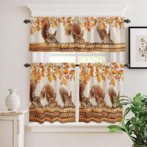 Kitchen Window Curtains Valance and Tier Set, Squirrel Autumn Tree Deciduous Farm Animal Rod Pocket Tier Curtain Valance Set, Vintage Wood Board Light Filtering Cafe Curtains for Bedroom