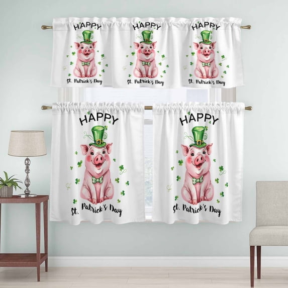 Kitchen Window Curtains Valance and Tier Set, St Patrick Day Leprechaun Pig Hat Lucky Clovers Leaf Rod Pocket Tier Curtain Valance Set, Irish White Light Filtering Cafe Curtains for Bedroom