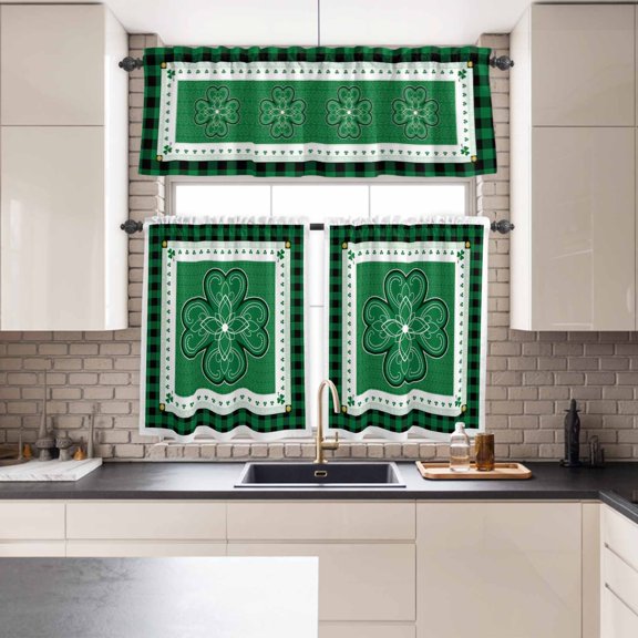 Kitchen Window Curtains Valance and Tier Set, St. Patrick's Day Celtic Knots Lucky Shamrock Rod Pocket Tier Curtains and Valance 3 Piece Set, Buffalo Plaid Window Treatment for Bedroom Living Room