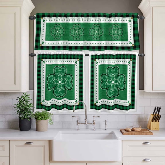 Kitchen Window Curtains Valance and Tier Set, St. Patrick's Day Celtic Knots Lucky Shamrock Rod Pocket Tier Curtains and Valance 3 Piece Set, Buffalo Plaid Window Treatment for Bedroom Living Room