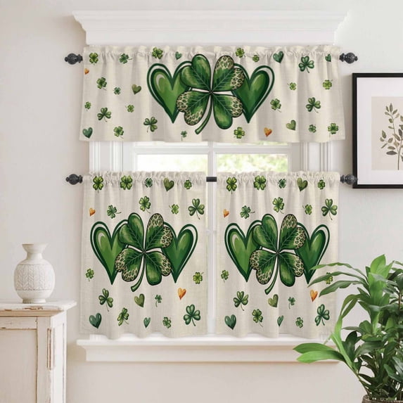 Kitchen Window Curtains Valance and Tier Set, St. Patrick's Day Shamrock Retro Linen Rod Pocket Tier Curtain Valance Set, Green Love Heart Light Filtering Cafe Curtains for Bedroom Living Room
