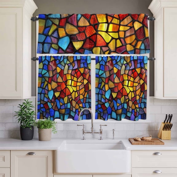 Kitchen Window Curtains Valance and Tier Set, Stained Glass Colorful Gradient Rod Pocket Tier Curtains and Valance 3 Piece Set, Abstract Geometric Window Treatment for Bedroom Living Room
