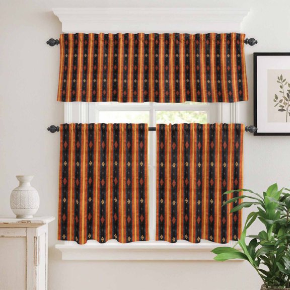 Kitchen Window Curtains Valance and Tier Set, Striped Southwest Ethnic Trial Style Rod Pocket Tier Curtain Valance Set, Retro Moroccan Pattern Light Filtering Cafe Curtains for Bedroom Living Room