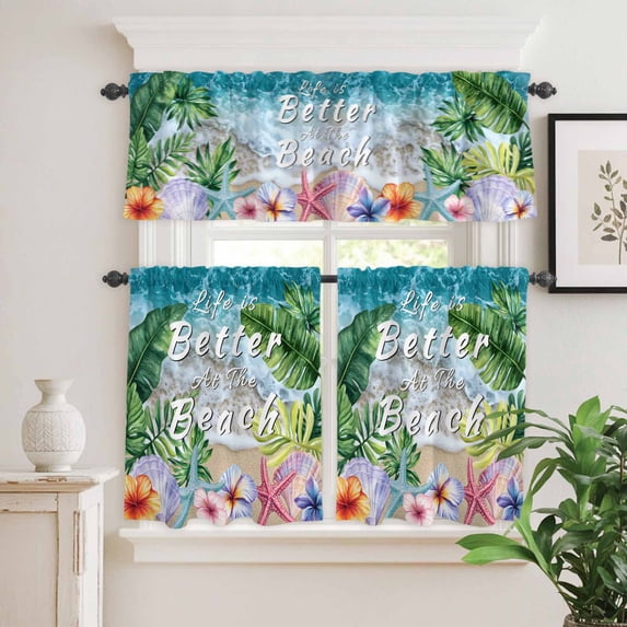 Kitchen Window Curtains Valance and Tier Set, Summer Beach Flower Turtle Leaf Rod Pocket Tier Curtain Valance Set, Starfish Shell Ocean Waves Light Filtering Cafe Curtains for Bedroom Living Room