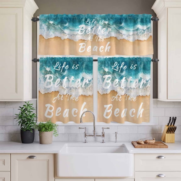 Kitchen Window Curtains Valance and Tier Set, Summer Beach Ocean Wave Rod Pocket Tier Curtains and Valance 3 Piece Set, Watercolor Nautical Coastal Theme Window Treatment for Bedroom Living Room