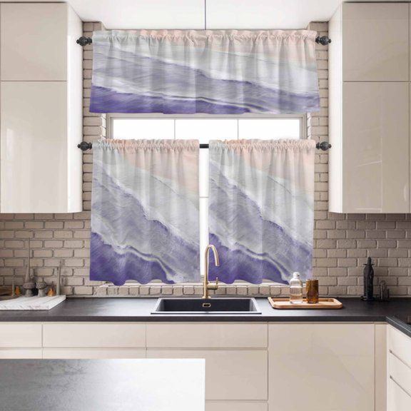 Kitchen Window Curtains Valance and Tier Set, Summer Beach Sand Waves Purple Gradient Rod Pocket Tier Curtains and Valance 3 Piece Set, Water Ripple Window Treatment for Living Room Bedroom
