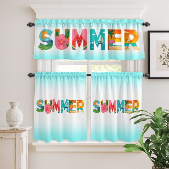 Kitchen Window Curtains Valance and Tier Set, Summer Beach Vacation Flower Rod Pocket Tier Curtain Valance Set, Sailboat Flamingo Sun Teal Ombre Light Filtering Cafe Curtains for Bedroom