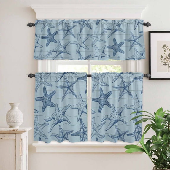 Kitchen Window Curtains Valance and Tier Set, Summer Blue Sea Stars on Wood Board Rod Pocket Tier Curtain Valance Set, Marine Life Light Filtering Cafe Curtains for Bedroom Living Room