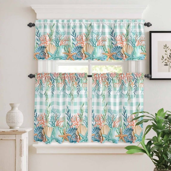 Kitchen Window Curtains Valance and Tier Set, Summer Marine Life Coral Starfish Rod Pocket Tier Curtain Valance Set, Sea Shell Teal Buffalo Light Filtering Cafe Curtains for Bedroom Living Room