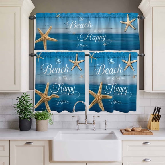Kitchen Window Curtains Valance and Tier Set, Summer Marine Starfish Wood Grain Rod Pocket Tier Curtains and Valance 3 Piece Set, Beach Theme Happy Place Window Treatment for Bedroom Living Room