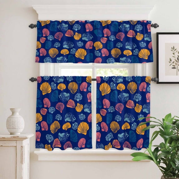 Kitchen Window Curtains Valance and Tier Set, Summer Nautical Colorful Shell Rod Pocket Tier Curtain Valance Set, Dark Blue Backdrop Light Filtering Cafe Curtains for Bedroom Living Room