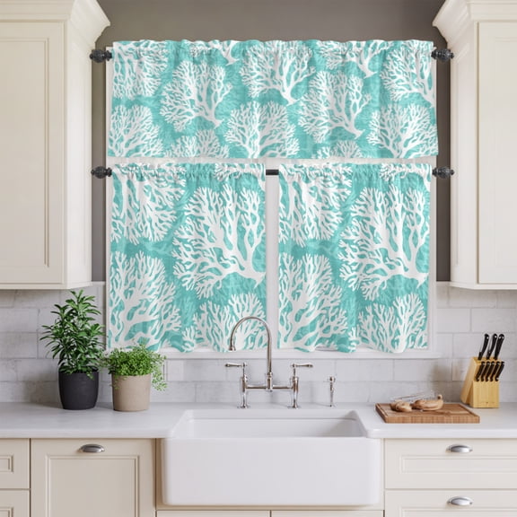 Kitchen Window Curtains Valance and Tier Set, Summer Ocean Coral Seamless Rod Pocket Tier Curtain Valance Set, Marine Creature on Aqua Light Filtering Cafe Curtains for Bedroom Living Room