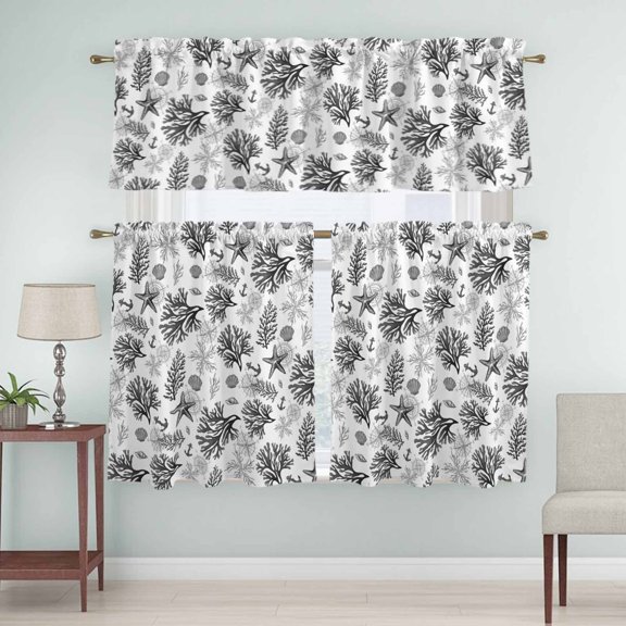 Kitchen Window Curtains Valance and Tier Set, Summer Ocean Gray Coral Starfish Rod Pocket Tier Curtain Valance Set, Nautical Shell Compass Light Filtering Cafe Curtains for Bedroom Living Room