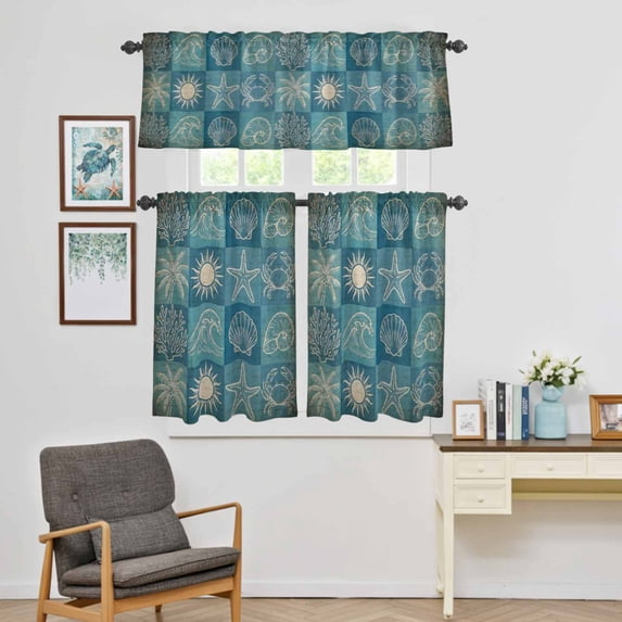 Kitchen Window Curtains Valance and Tier Set, Summer Ocean Palm Tree Carb Rod Pocket Tier Curtain Valance Set, Conch Shell Retro Blue Plaid Light Filtering Cafe Curtains for Bedroom Living Room