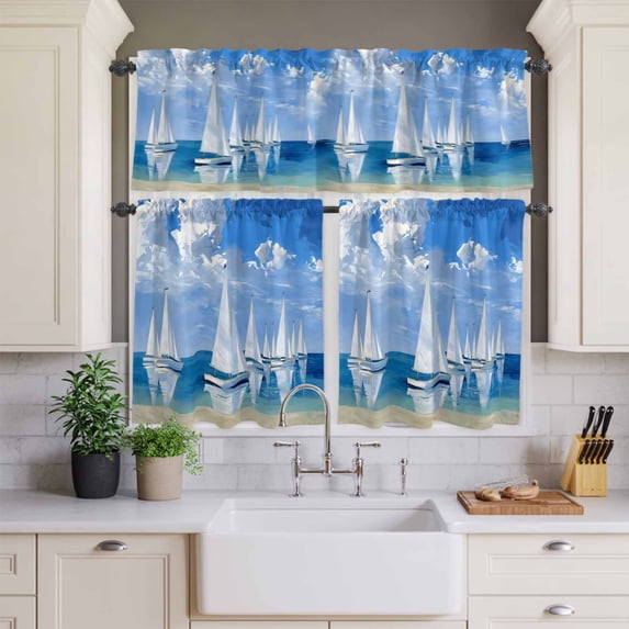 Kitchen Window Curtains Valance and Tier Set, Summer Ocean Sailing Boats Rod Pocket Tier Curtains and Valance 3 Piece Set, Blue Sky Oil Painting Art Window Treatment for Bedroom Living Room