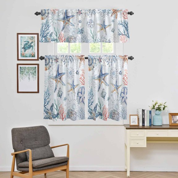 Kitchen Window Curtains Valance and Tier Set, Summer Ocean Starfish Coral Shell Rod Pocket Tier Curtain Valance Set, Retro Blue Letter Light Filtering Cafe Curtains for Bedroom Living Room