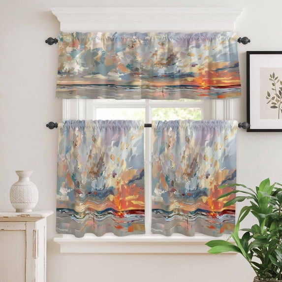 Kitchen Window Curtains Valance and Tier Set, Summer Oil Painting Art Ocean Beach Rod Pocket Tier Curtain Valance Set, Abstract Seaside Scene Light Filtering Cafe Curtains for Bedroom Living Room