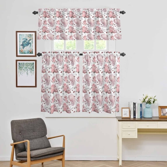 Kitchen Window Curtains Valance and Tier Set, Summer Pink Flower Conch Nautilus Rod Pocket Tier Curtain Valance Set, Underwater World Light Filtering Cafe Curtains for Bedroom Living Room
