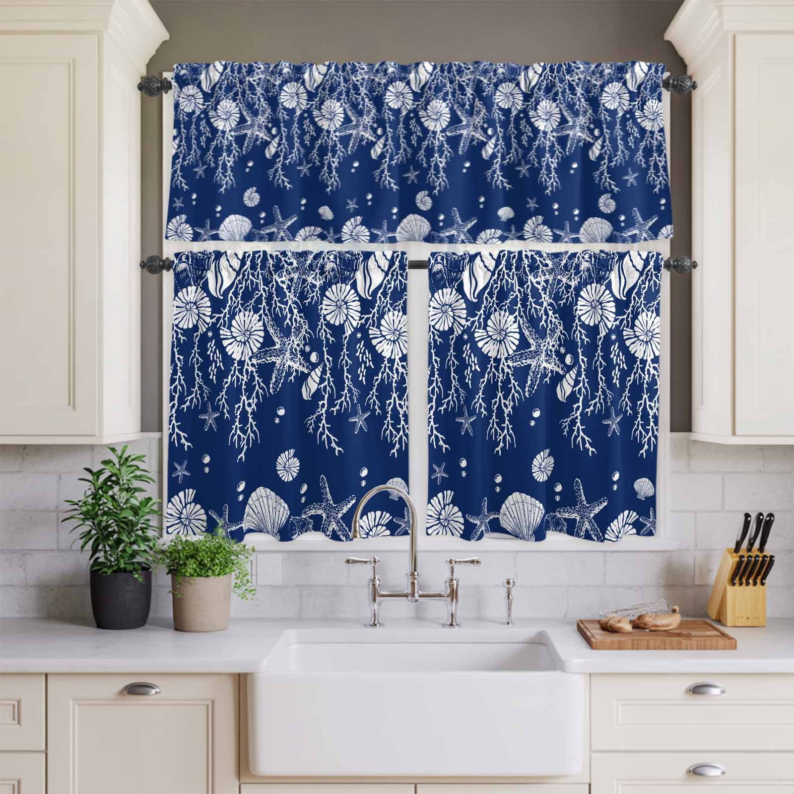 Kitchen Window Curtains Valance and Tier Set, Summer Sea Starfish Coral