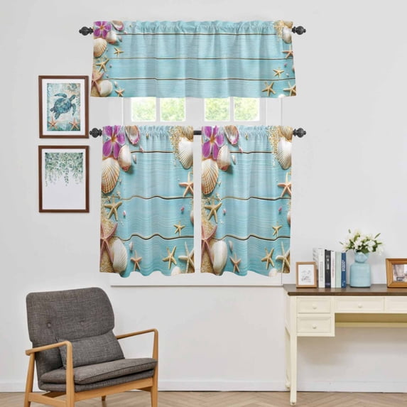 Kitchen Window Curtains Valance and Tier Set, Summer Shell Starfish Flower Rod Pocket Tier Curtain Valance Set, Farm Blue Wood Board Light Filtering Cafe Curtains for Bedroom Living Room