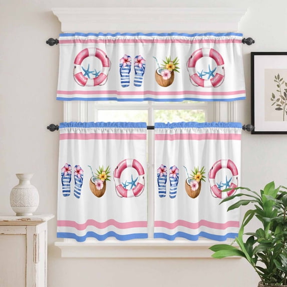 Kitchen Window Curtains Valance and Tier Set, Summer Swimming Ring Slippers Coconut Rod Pocket Tier Curtain Valance Set, Blue Pink Stripes Light Filtering Cafe Curtains for Bedroom Living Room