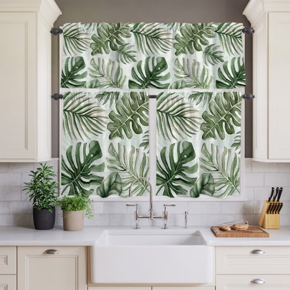Kitchen Window Curtains Valance and Tier Set, Summer Tropical Sun-kissed Foliage Rod Pocket Tier Curtain Valance Set, Palm Leaves Light Filtering Cafe Curtains for Bedroom Living Room