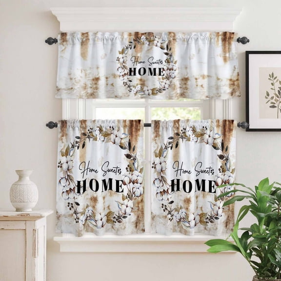 Kitchen Window Curtains Valance and Tier Set, Sweet Home Words Cotton Rod Pocket Tier Curtain Valance Set, Vintage Country Art Light Filtering Cafe Curtains for Bedroom Living Room