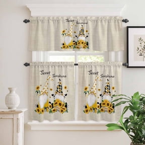 Kitchen Window Curtains Valance and Tier Set, Sweet Sunshine Words Gnomes Rod Pocket Tier Curtain Valance Set, Farm Sunflowers on Linen Light Filtering Cafe Curtains for Bedroom Living Room