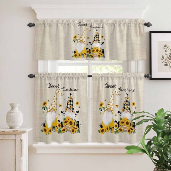 Kitchen Window Curtains Valance and Tier Set, Sweet Sunshine Words Gnomes Rod Pocket Tier Curtain Valance Set, Farm Sunflowers on Linen Light Filtering Cafe Curtains for Bedroom Living Room