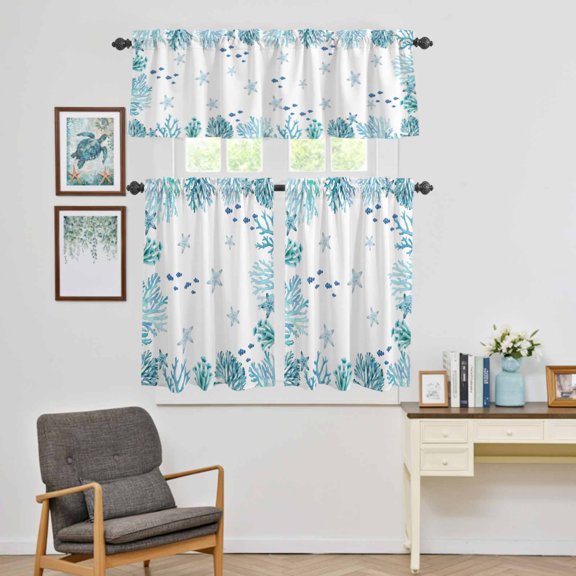 Kitchen Window Curtains Valance and Tier Set, Teal Marine Coral Starfish Clownfish Rod Pocket Tier Curtain Valance Set, Watercolor Ocean Theme Light Filtering Cafe Curtains for Bedroom Living Room