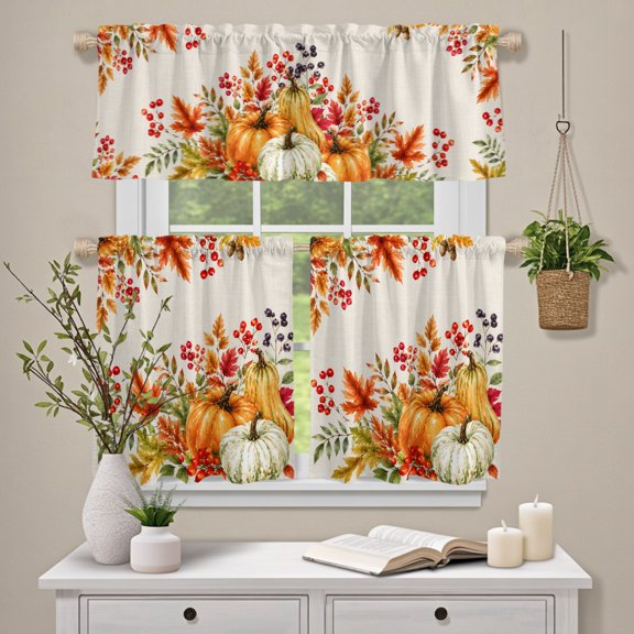 Kitchen Window Curtains Valance and Tier Set, Thanksgiving Harvest Pumpkin Rod Pocket Tier Curtain Valance Set, Fall Maple Leaf Berries Light Filtering Cafe Curtains for Bedroom Living Room