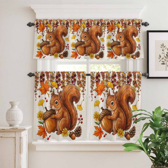 Kitchen Window Curtains Valance and Tier Set, Thanksgiving Maple Leaf Squirrel Rod Pocket Tier Curtain Valance Set, Autumn Forest Berries Light Filtering Cafe Curtains for Bedroom Living Room