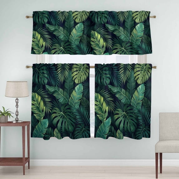 Kitchen Window Curtains Valance and Tier Set, Tropical Monstera Palm Leaves Rod Pocket Tier Curtain Valance Set, Watercolor Green Plants Light Filtering Cafe Curtains for Bedroom Living Room