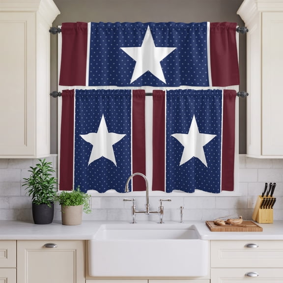 Kitchen Window Curtains Valance and Tier Set, USA Flag Patriot Rod Pocket Tier Curtain Valance Set, Star Dot Blue and Red Light Filtering Cafe Curtains for Bedroom Living Room