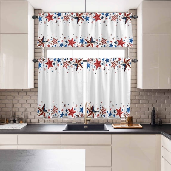 Kitchen Window Curtains Valance and Tier Set, USA Flag Red Blue Star Rod Pocket Tier Curtains and Valance 3 Piece Set, American Independence Day Theme Window Treatment for Bedroom Living Room