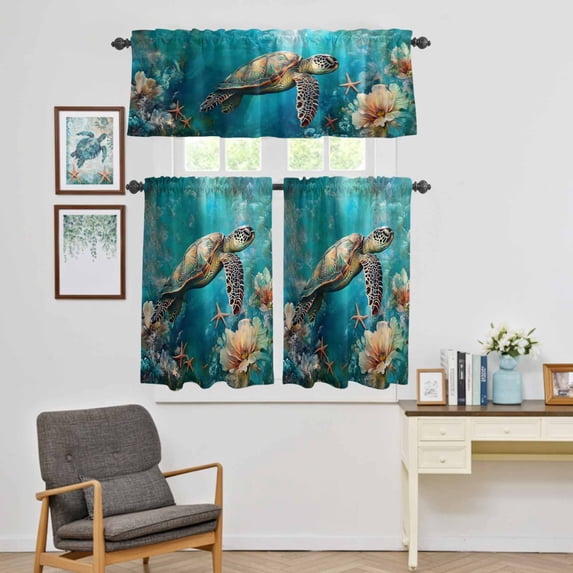 Kitchen Window Curtains Valance and Tier Set, Underwater Turtle Coral Starfish Flower Rod Pocket Tier Curtain Valance Set, Summer Sea Water Light Filtering Cafe Curtains for Bedroom Living Room