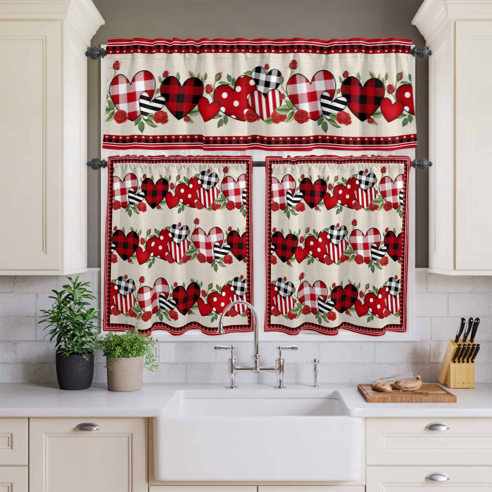 Kitchen Window Curtains Valance and Tier Set, Valentine's Day Love Rose Flower Rod Pocket Tier Curtains and Valance 3 Piece Set, Red Plaid Retro Linen Window Treatment for Bedroom Living Room