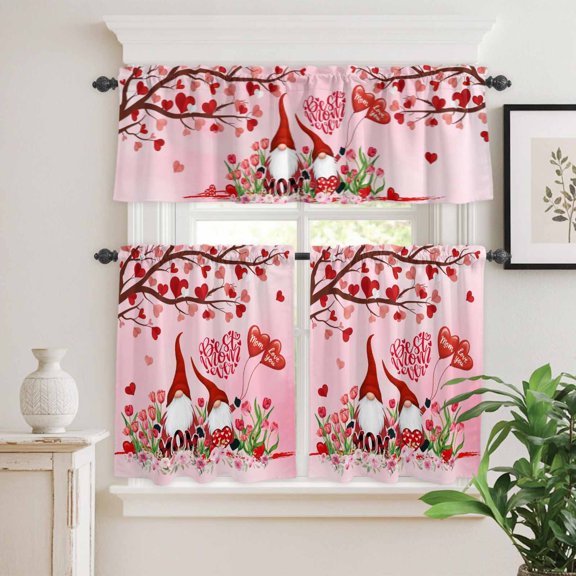 Kitchen Window Curtains Valance and Tier Set, Valentine's Day Red Love Heart Tree Rod Pocket Tier Curtain Valance Set, Tulip Gnome Best Mom Ever Light Filtering Cafe Curtains for Bedroom Living Room