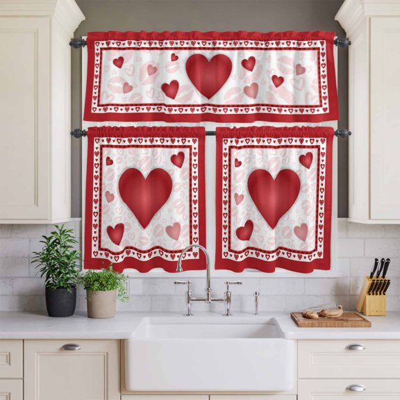 Kitchen Window Curtains Valance and Tier Set, Valentine's Day Romantic Love Heart Rod Pocket Tier Curtains and Valance 3 Piece Set, Kiss Lips Texture Red White Window Treatment for Bedroom