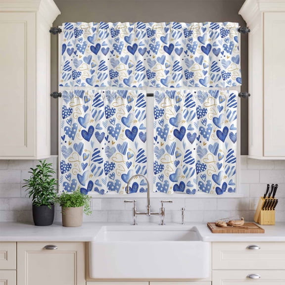 Kitchen Window Curtains Valance and Tier Set, Valentine's Day Simple Blue Love Heart Arrow Rod Pocket Tier Curtains and Valance 3 Piece Set, White Back Window Treatment for Bedroom Living Room