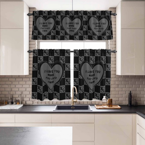 Kitchen Window Curtains Valance and Tier Set, Valentine's Day XO Love Heart Rod Pocket Tier Curtains and Valance 3 Piece Set, Grey and Black Check Window Treatment for Bedroom Living Room