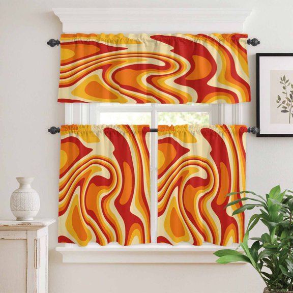Kitchen Window Curtains Valance and Tier Set, Vector Psychedelic Groovy Back Rod Pocket Tier Curtain Valance Set, Colorful Modern Abstract Liquid Art Light Filtering Cafe Curtains for Bedroom