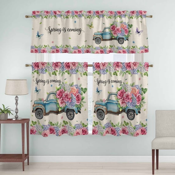 Kitchen Window Curtains Valance and Tier Set, Vintage Blue Car Spring Is Coming Rod Pocket Tier Curtain Valance Set, Country Rose Floral Art Light Filtering Cafe Curtains for Bedroom Living Room